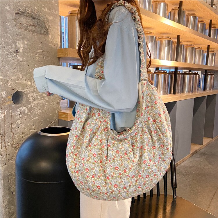 Zoete Bloemen Hobos Vrouwen Schoudertassen Casual Canvas Messenger Bag Lady Grote Capaciteit Bakken Vintage Big Portemonnees Vrouwelijke Sac: green 1