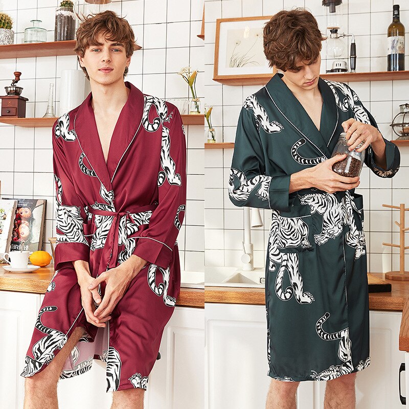 Summer Satin Kimono Bathrobe Men Robe Flower Print Nightwear Bath Gown Long Sleeve Silk Sleepwear Long Bathrobe Pijama