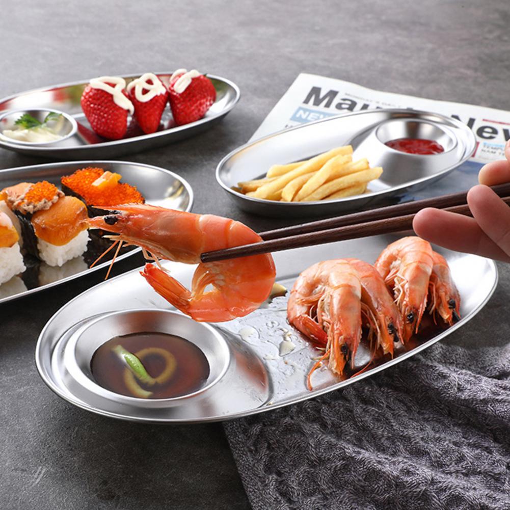 Plato ovalado para aperitivos de acero inoxidable 304, plato para servir comida, postre, salsa, Sushi, cocina, ensaladas