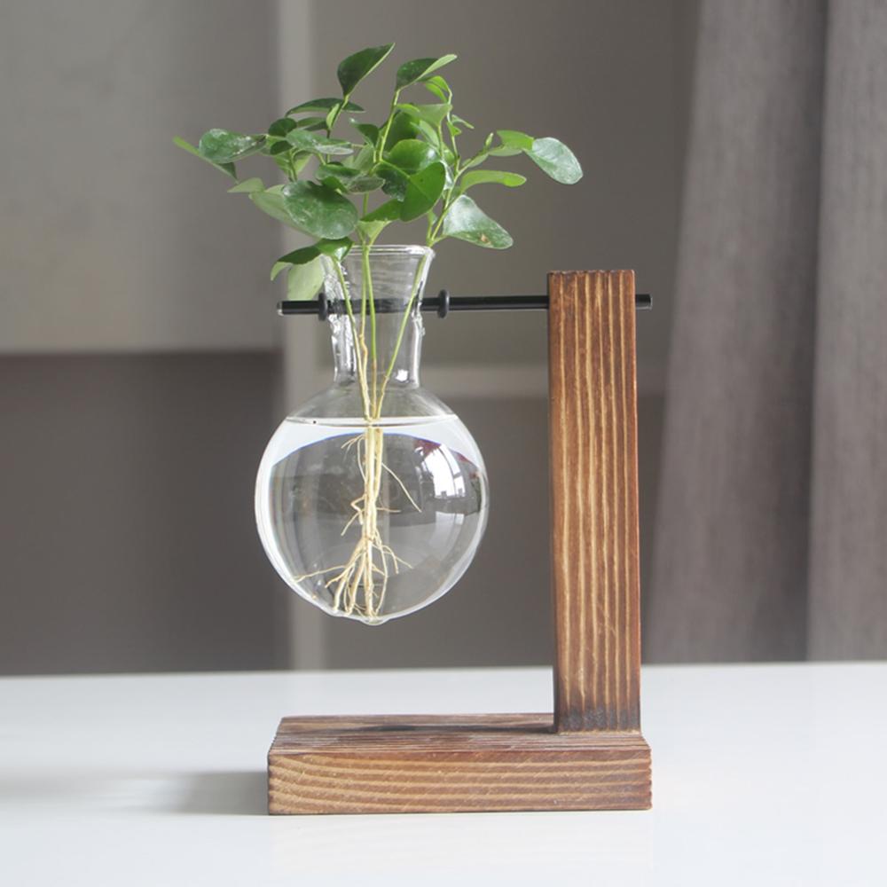 Glas og træ vase plante terrarium bord desktop hydroponics plante bonsai urtepotte hængende potter med træbakke boligindretning: Type 4
