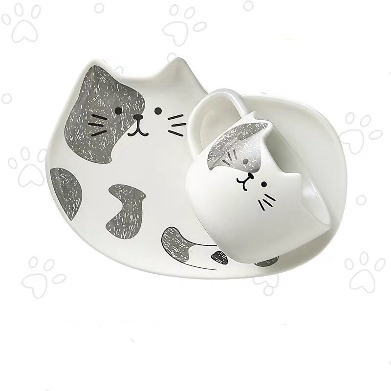 Ceramic Cute Cartoon Cat Coffee Mug Set Animal Breakfast Milk Tea Cup With Dessert Tray Office Drinkware Novelty: D