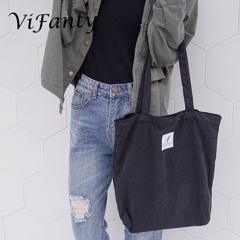 Meisjes Vrouwen Corduroy Boodschappentas Canvas Doek Schoudertas Milieu Opslag Handtas Herbruikbare Eco Grocery Totes Tas: Black
