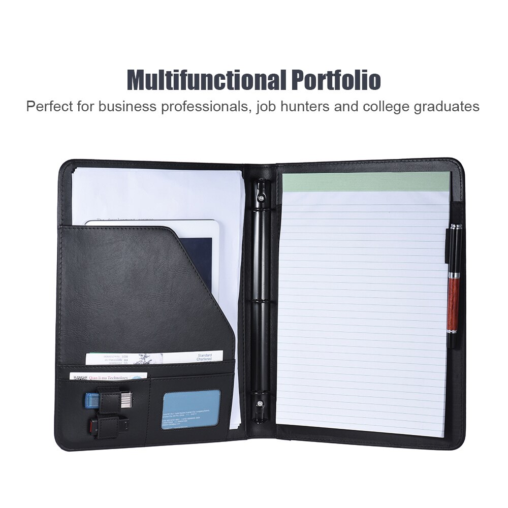 A4 PU Folder Document Case Organizer Leather Padfolio Business with Business Card Memo Note Pad Loose-leaf Loop