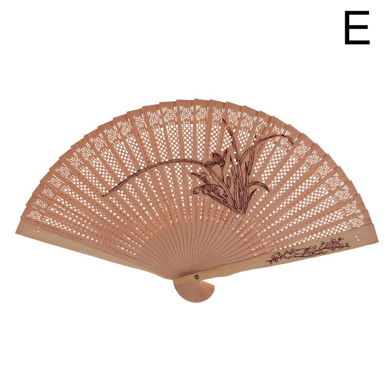Chinese Folding Fan Incense Wood Hand-cranked Fan Sandalwood Hollow Hand-held Fan Wood Carving Printing Decorative Craft Fan: E