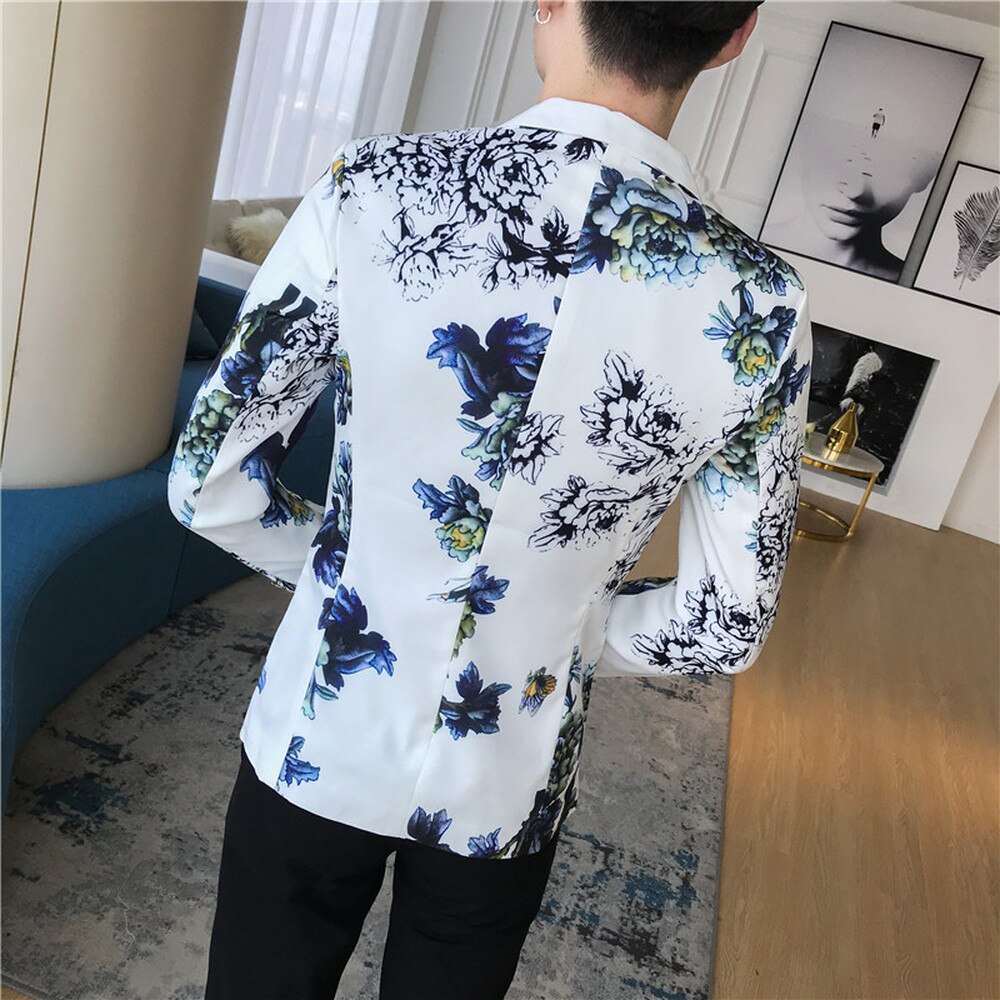 Spring Mens Slim Fit Suit Blazer Flower Print Simple Temperament British Style Social Business Casual Suit Jacket