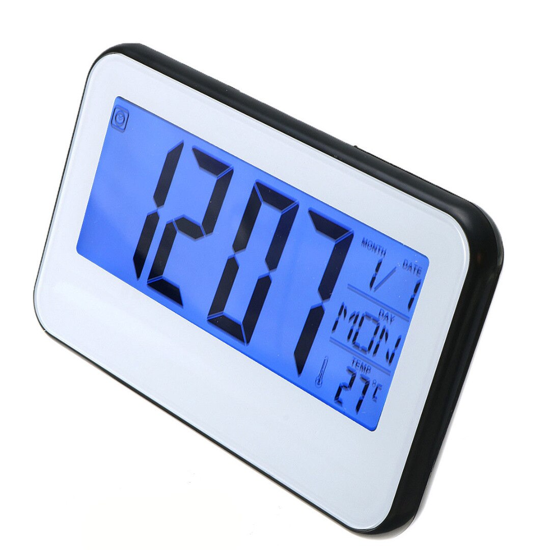 LCD Display Digital Backlight Alarm Clock Thermometer Sound Controlled Home Calendar Date Display Snooze Function: White