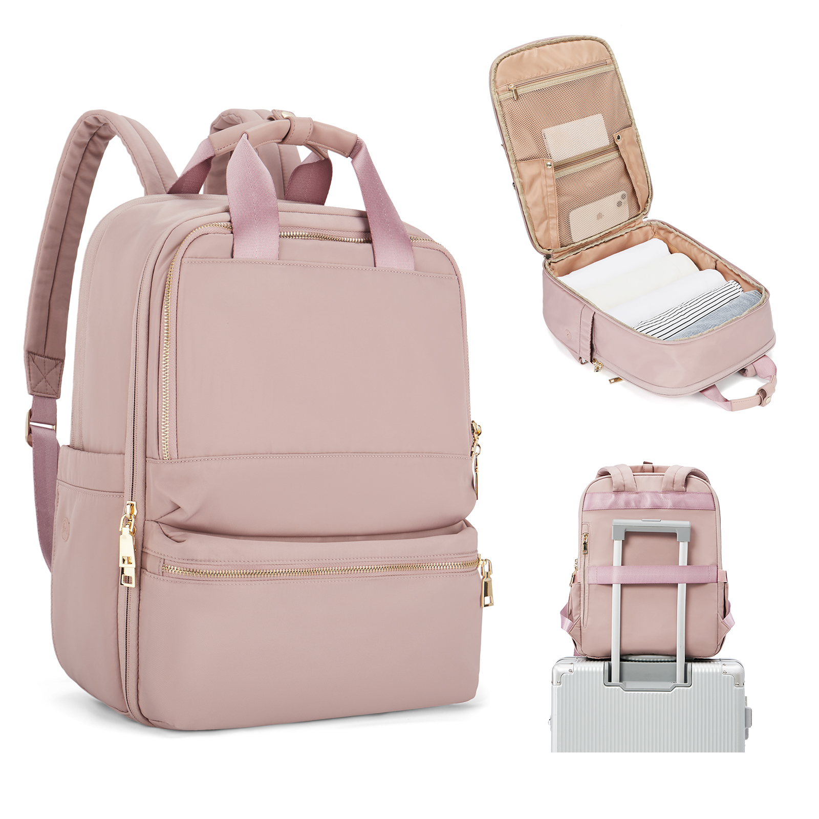 Mochila para mujer, mochilas para ordenador portátil universitario de gran capacidad de de lujo, bolsos elegantes de trabajo, mochila de viaje para cabina de vuelo para hombre: Rosa
