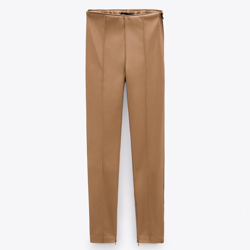 Elina Casual Brown Faux Leather Leggings Women Slim Skinny Legging Women Zipper Pencil Leggings Female Ladies IA: L