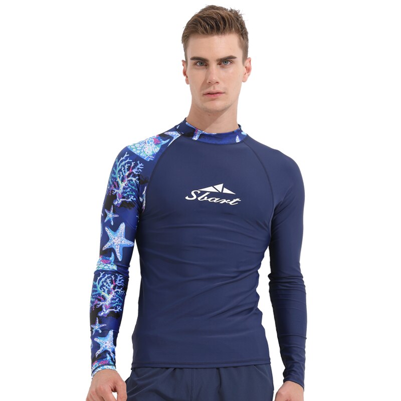 Men's Long Sleeve UPF 50+ Baselayer Skins Compression Rash Guard Shirt Crew Neck Print Tee Suit for Swim Surfing Snorkeling