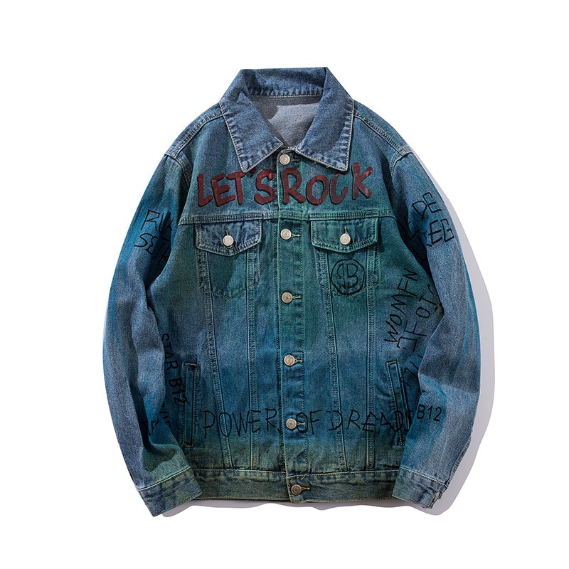 ABOORUN Men's Hip Hop Denim Jacket Graffiti Printed Denim Jacket Spring Autumn Streetwear Coat for Male x2177