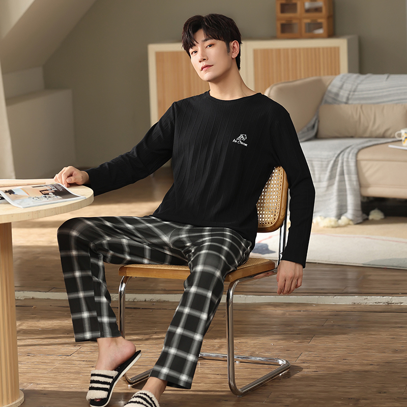 Spring Full Pure Cotton Men's Pajamas Sets Long Sleeve Tops Plaid Pants Pyjamas Male Casual Pijama Hombre Big Yards 4XL: 4XL