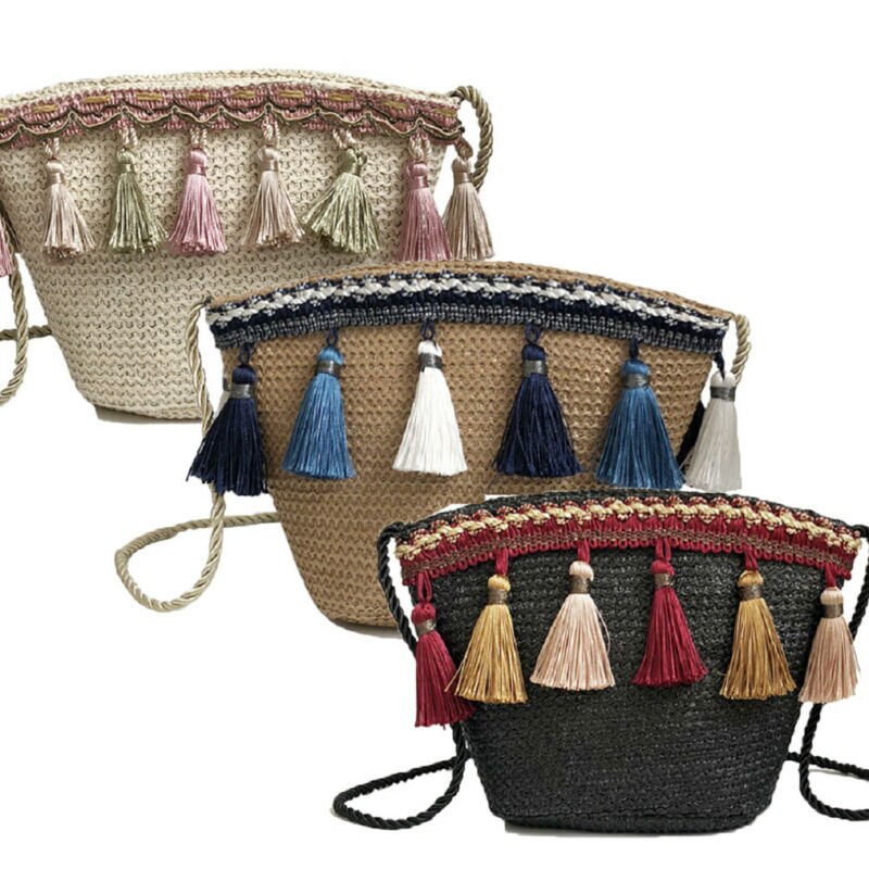 Women Handbag Summer Straw Bag Woven Shoulder Bag Purse Crossbody Boho Beach Bags: Khaki