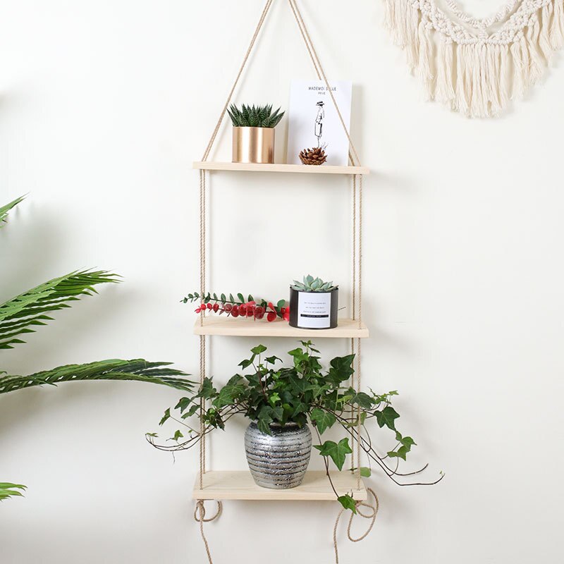 Étagère murale flottante décorative pour la maison, balançoire en bois, corde suspendue, montage d'intérieur, pot de fleurs pour plantes, décoration d'extérieur: M / 3 layers wood color