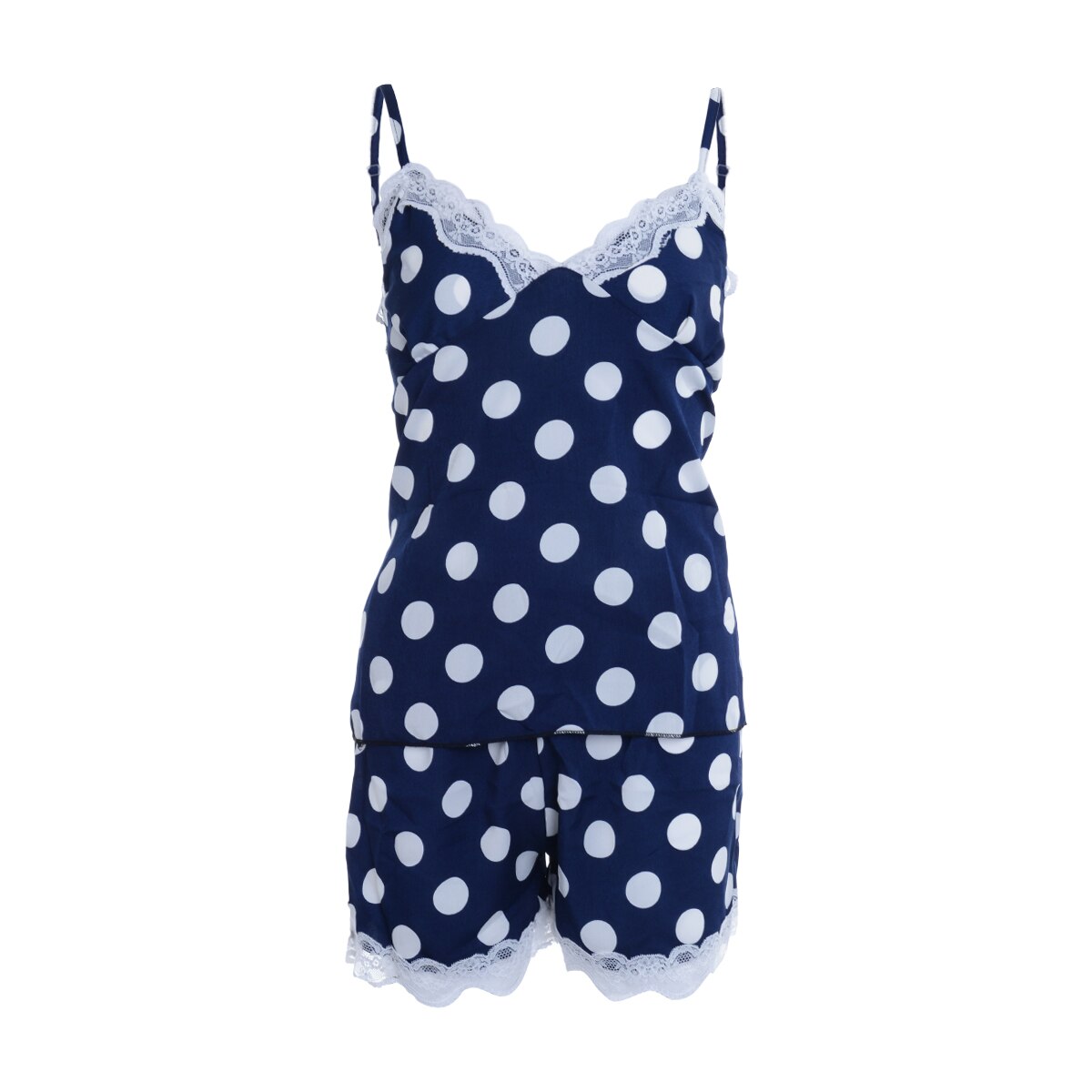 Vrouwen Sexy Nachtkleding Satijn Kant Polka Dot Print Diepe V-hals Mouwloze Topjes + Shorts Nachtjapon 2 Stuks Zomer Pyjama sets S/M/L/Xl: Blauw / XL
