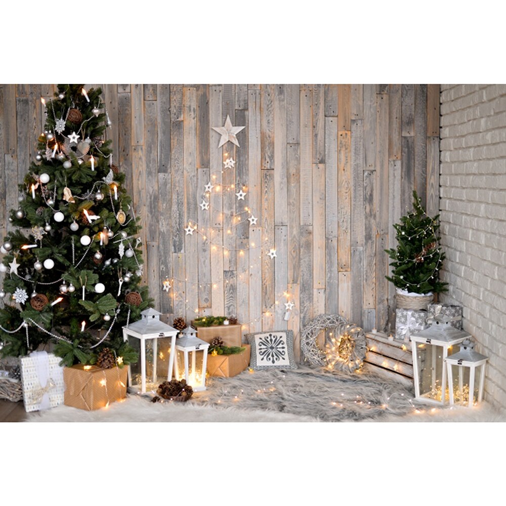 7x5ft Photography Backdrop Christmas tree stars lights wood board Background Vinly Cloth Wall Decor Baby Birthday Party: Default Title