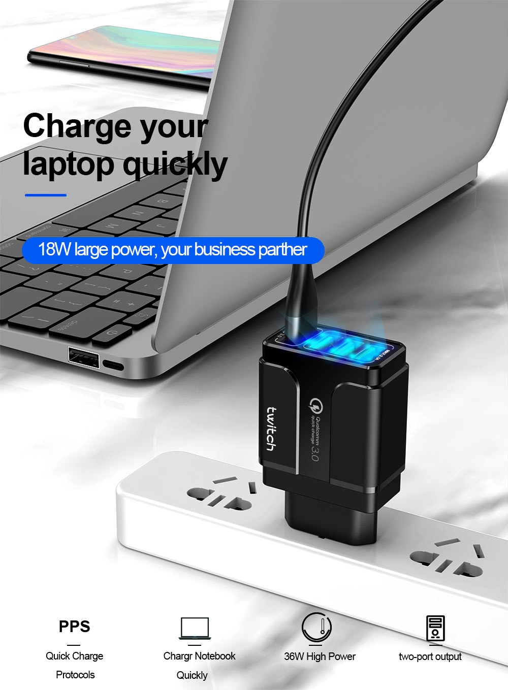 Twitch 3A Quick Charge 3.0 USB Charger EU Plug 4 Ports LED Wall Charger For iPhone XR MAX Fast Charging Head For Samsung Xiaomi