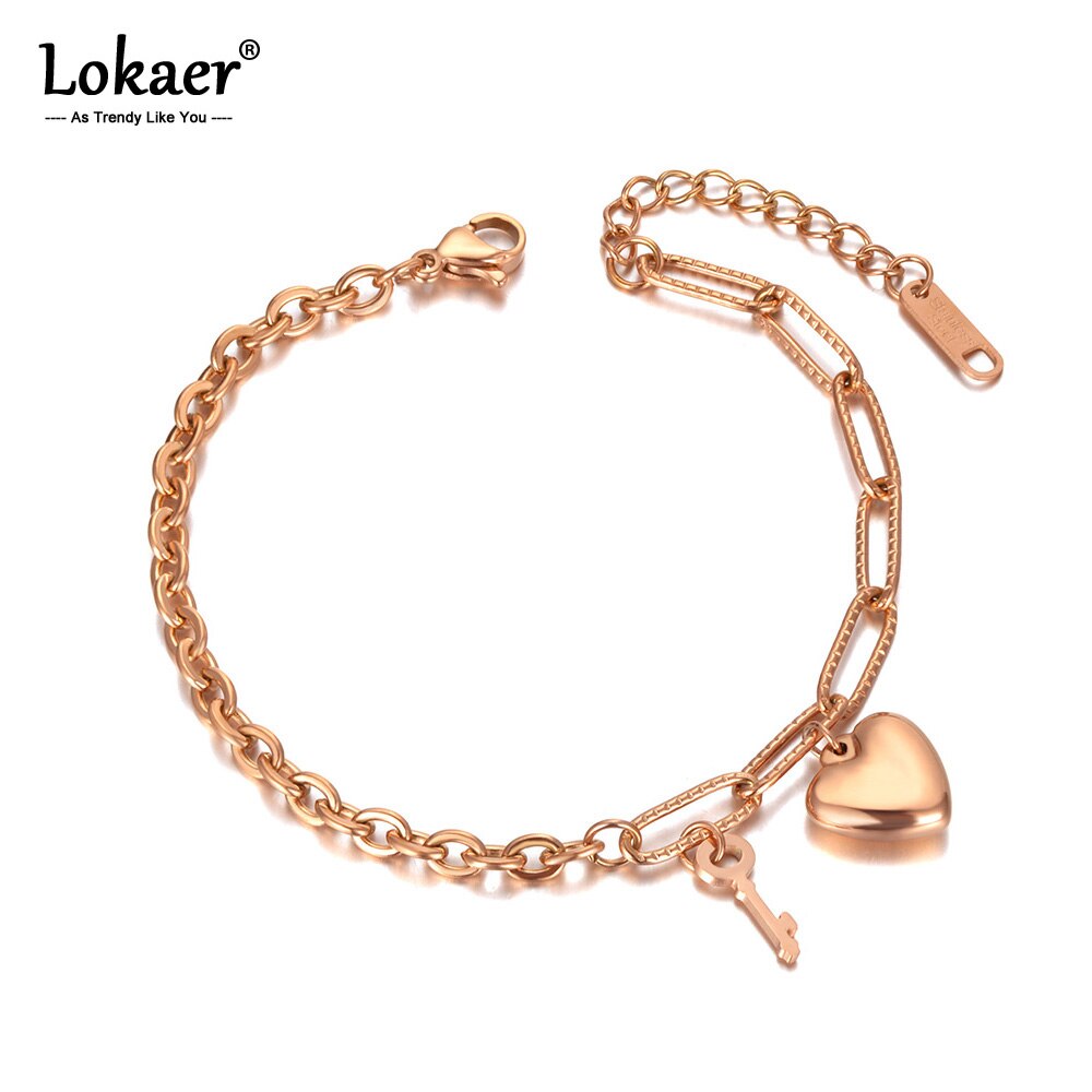 Lokaer Rvs Sleutel &amp; Heart Charm Armbanden Voor Vrouwen Meisje Bohemen Rose Gold Chain &amp; Link Armband Sieraden b20067