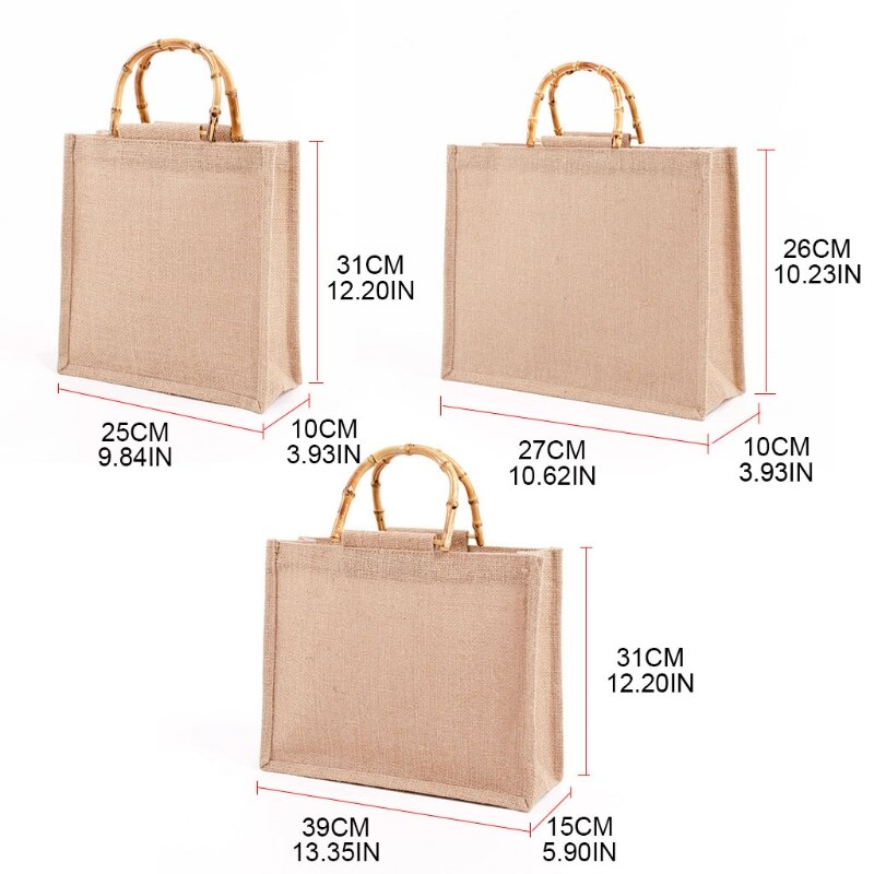 Portable Burlap Jute Shopping Bag Handbag Bamboo Loop Handles Tote L41B