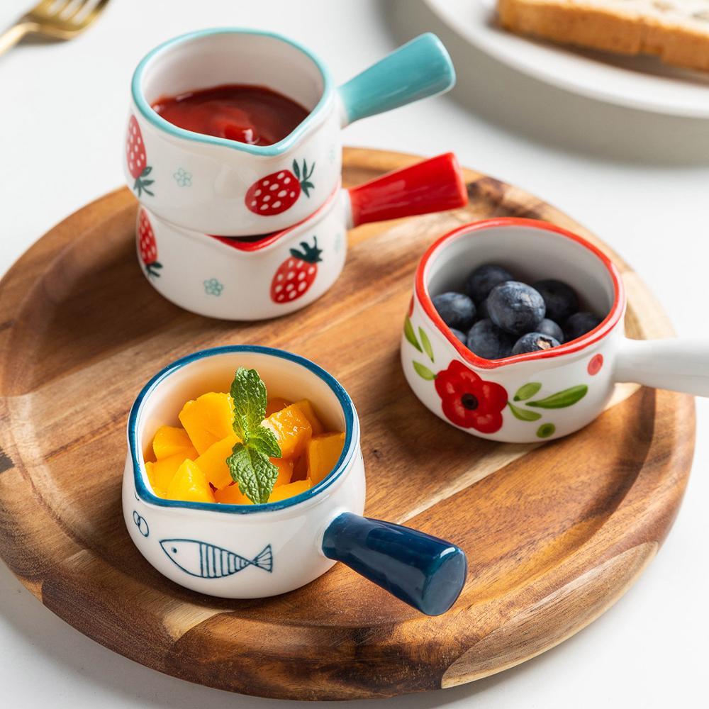 Mdzfsweethome Keramische Mini Pan Melk Pot Melk Cup Met Handvat Koffie Suiker Kommen Aardbei Bloemen Patroon Keuken Kookgerei