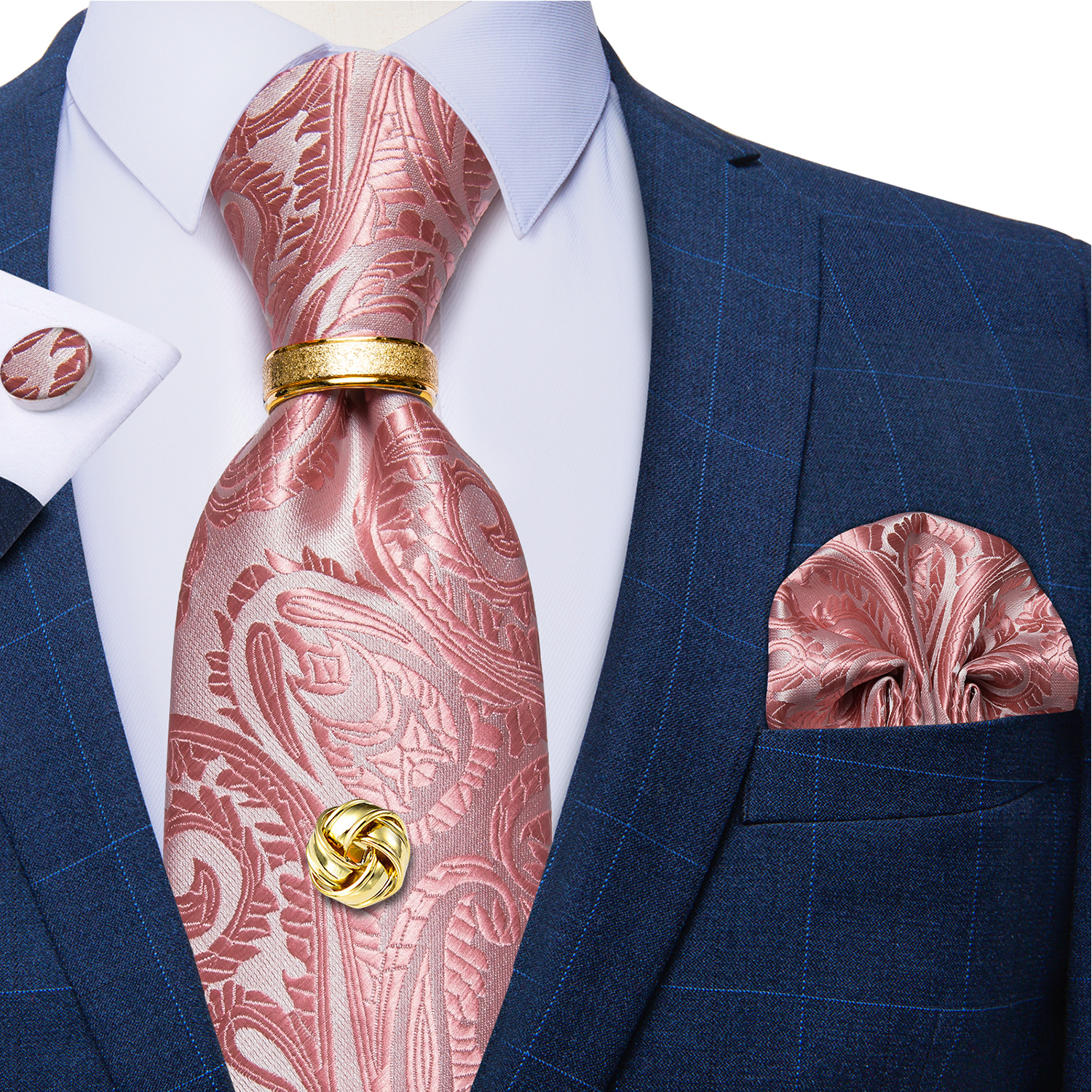 Corbatas de poliéster de Cachemira roja para hombre, 5 uds., con lazo de Metal de Color dorado, pañuelo, gemelos, boda de lujo, graduación, corbata de 8cm: Verde