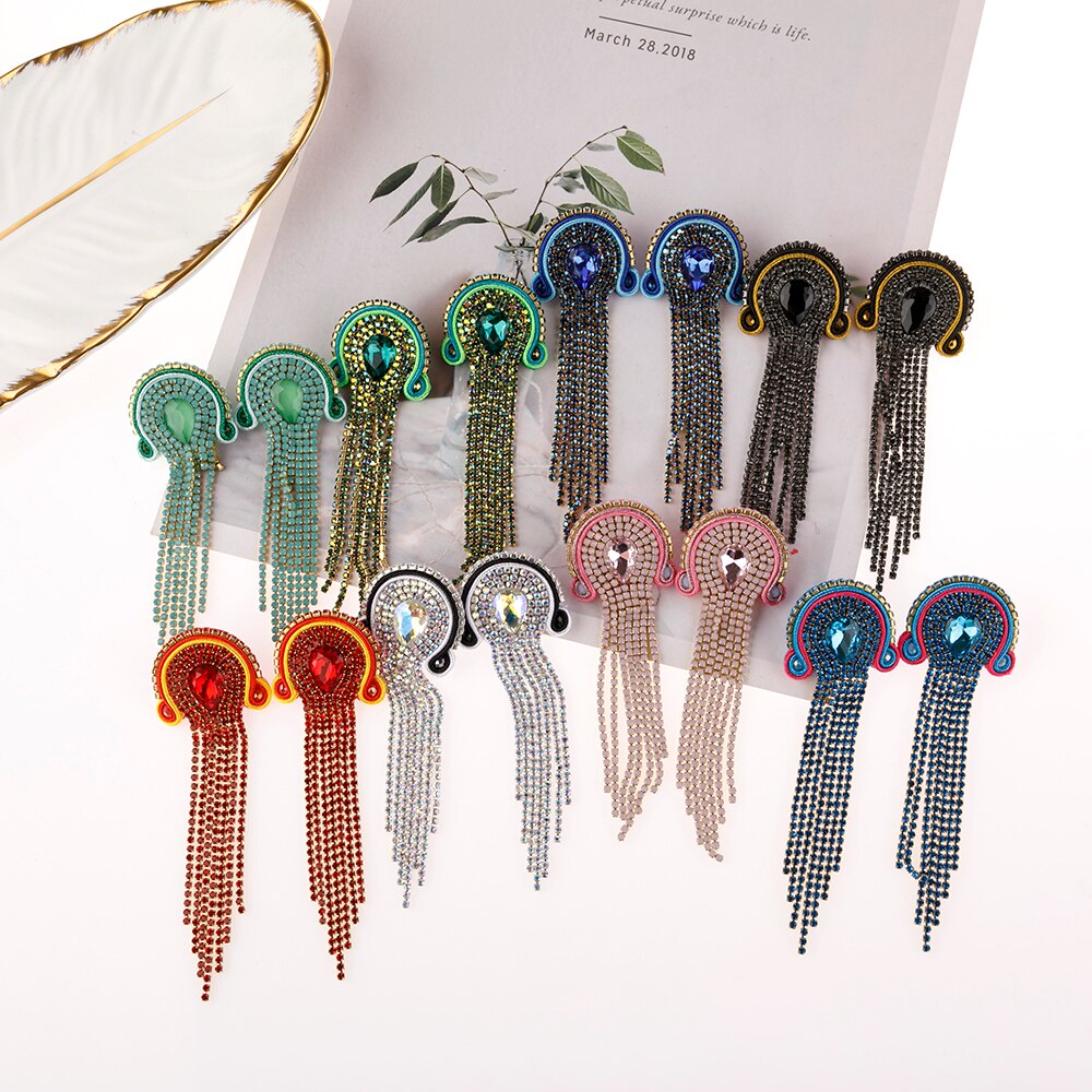 KPacTa Handmade Weaving Soutache Vintage Full Crystal Long Tassel Earrings For Women Temperament Earring Banquet