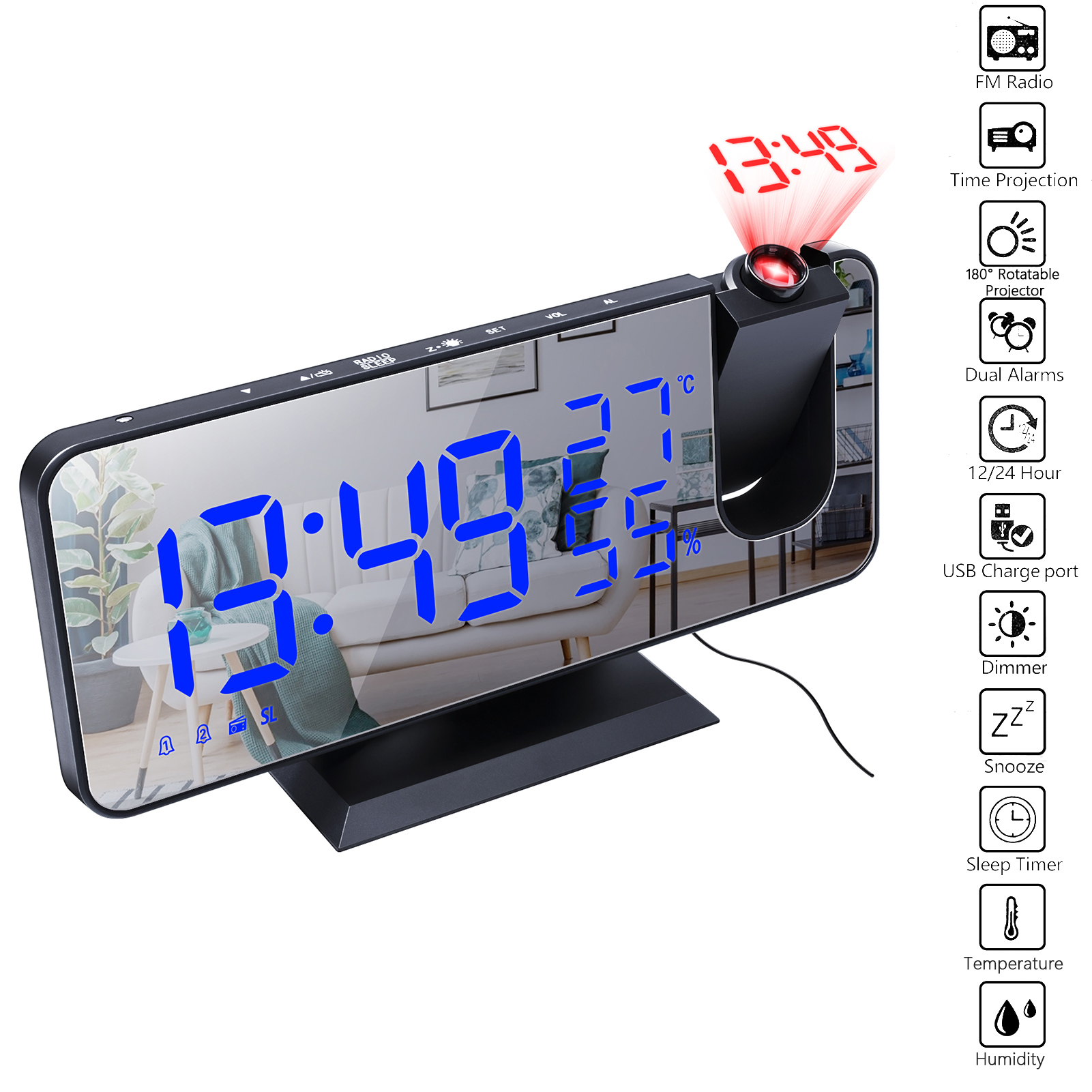 LED Digital Projection Alarm Clock Table Electronic Alarm Clock with Projection FM Radio Time Projector Bedroom Bedside Clock: Type 2