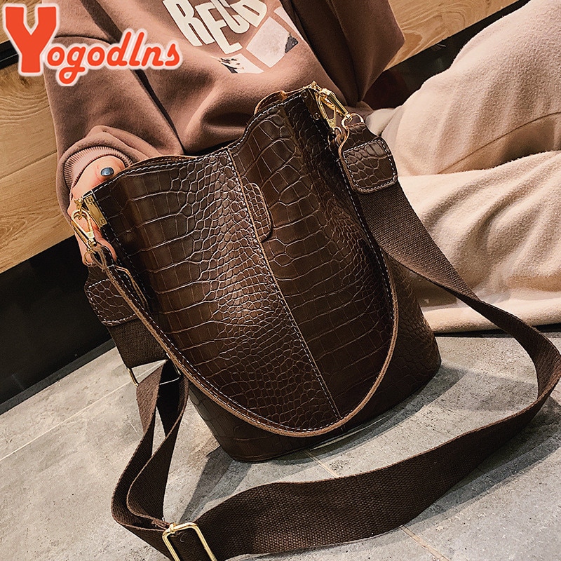 Yogodlns – sac à bandoulière motif Crocodile pour femmes, sacs en cuir Pu, sacs seau grande taille rétro Large sangle