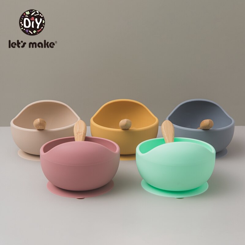 Lassen'S Machen 3 Teile/satz Baby Fütterung Geschirr einstellen Silikon Schüssel Löffel Gabel Nicht-Unterhose Schüssel Weiche Saug Befestigung Für freundlicher Baby