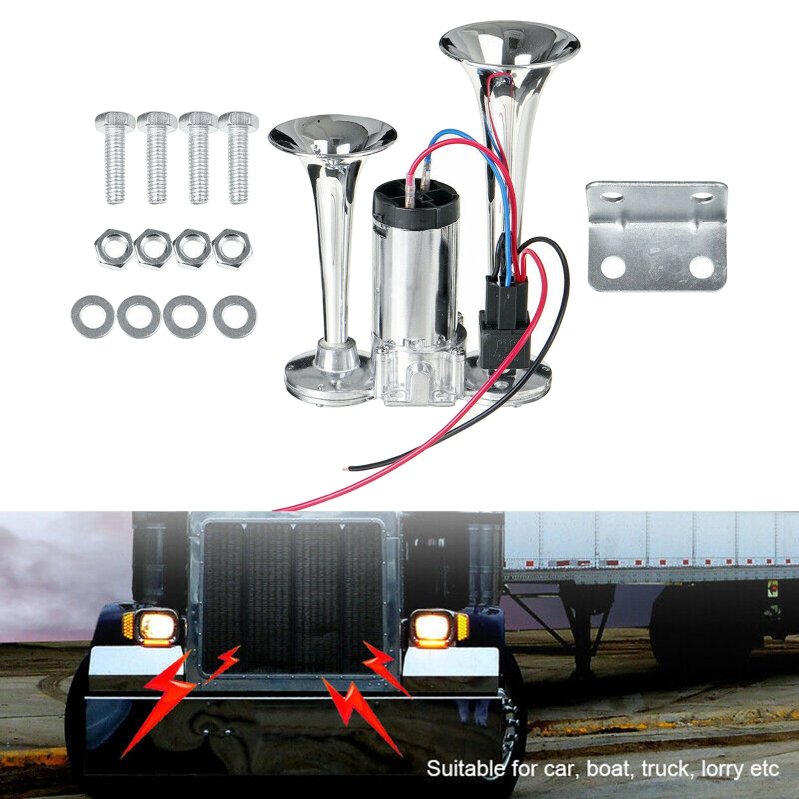 Klaxon à Air double trompette, 600db, 12V, Kit pour voiture, SUV, RV, Train, haut-parleur pour moto