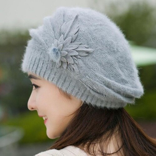 Gorros de esquí y senderismo para mujer, gorros tejidos para niña, gorros para escalada de montaña, gorros de lana de piel, gorros de flores: Grey