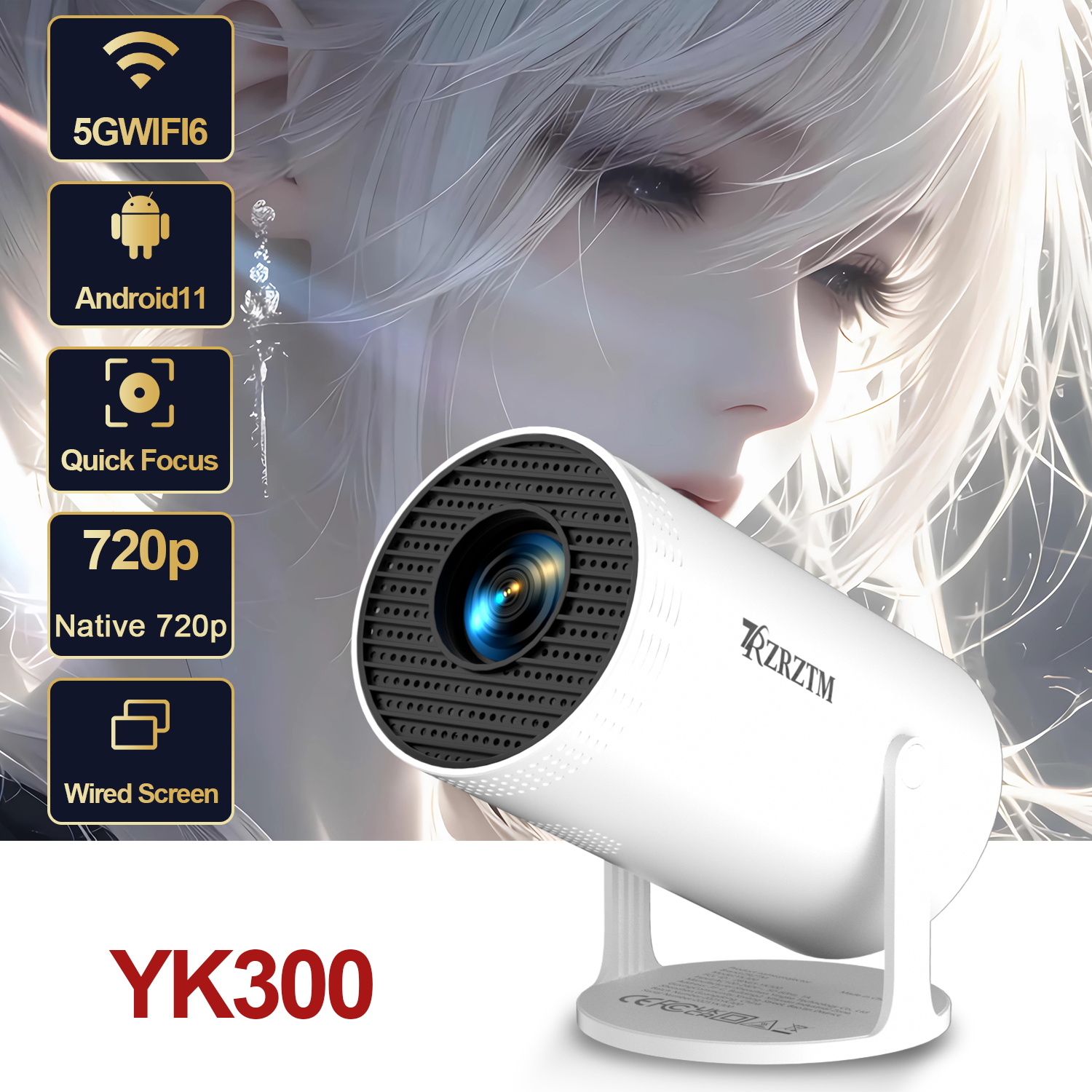 Intelligent high-definition projector, equipped with WiFi/BT5.0/Android system, supports 4K native/720P, 180 degree rotation, su
