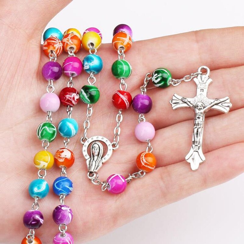 CR99 Acryl Kralen Katholieke Rozenkrans Kruis Hanger Ketting Statement Kleurrijke Kralen Religieuze Maxi Ketting Voor Vrouwen