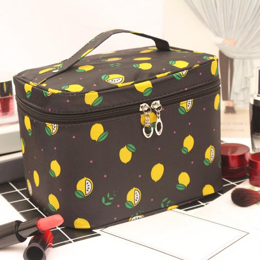 Portable Women Cosmetics Makeup Bag Large Capacity Toilet Travel Bag Organizer Boxes Zipper Bag Beauty Makeup Pouch Waterproof: Lemon Black