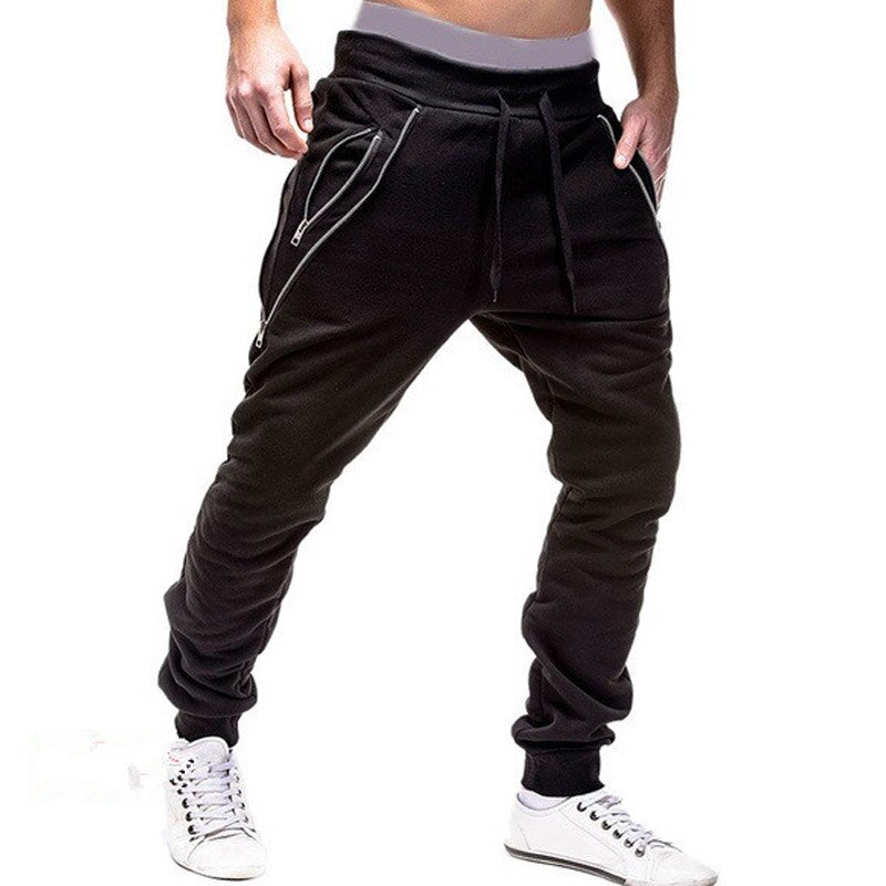 Joggingbukser mænd lynlåslommer solide casual midwaist bukser mænd fuld længde joggerbukser mænd streetwear pantalon homme: Xxxl / Sort