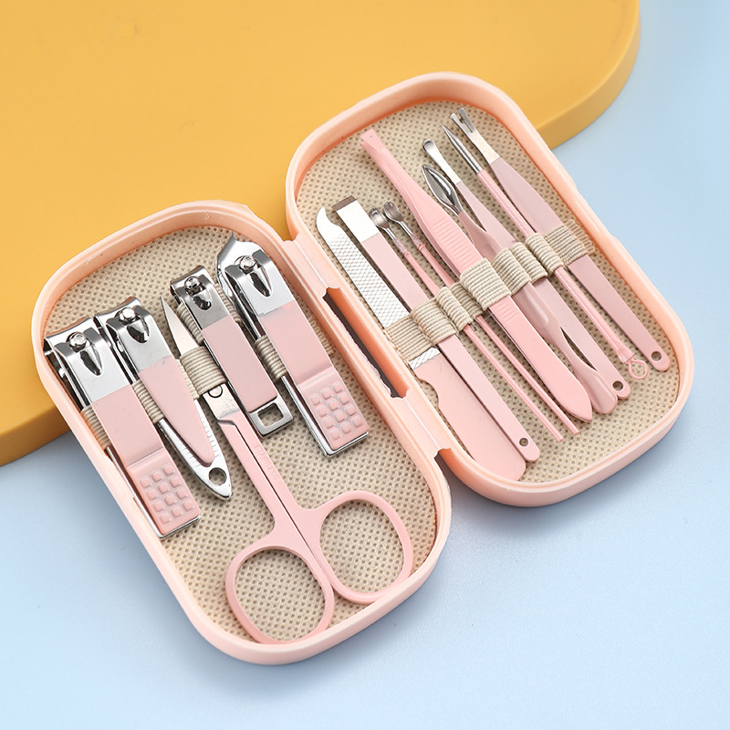 Juego de manicura y pedicura de lujo, tijeras de uñas de acero inoxidable rosa y azul, cortauñas, cuchara para excavación de orejas para hombres y mujeres, 14 piezas: Rosa