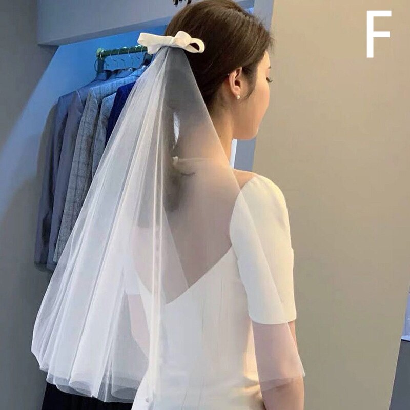 Vrouwen Korte Tule Bruidssluier Bruiloft Sluier Met Clip Boog-knoop Lint Rand Voor Bruid Bloem Meisje Wedding Party fotografie (Wit): F