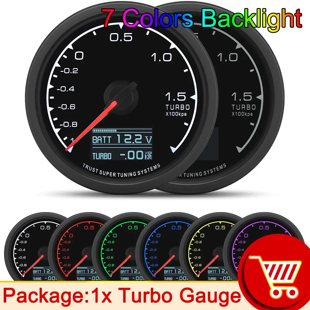 62mm Water Temperature Guage 7 Color LCD Digital Display Car Oil Press Oil Temp Meter Voltmeter Boost Gauge Tachometer AFR EXT: Dark Grey