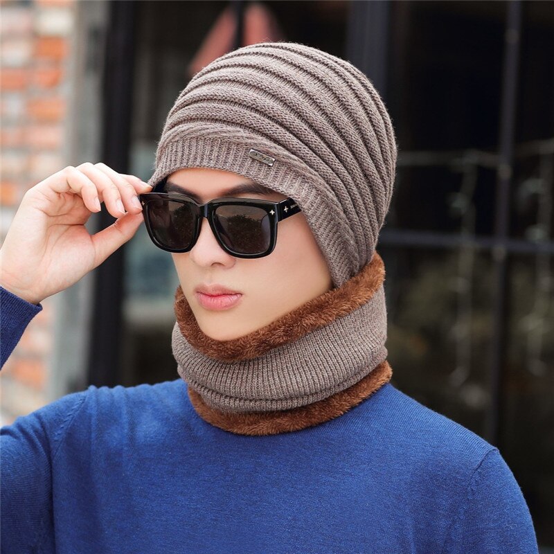 Herfst Winter Mannelijke Hoeden Sets Warm Gebreide Wollen Mutsen Sjaals Pak Jongen Cap Hals Kraag Dikke Pluche Mannen Hoed Sjaal 2 stuks Set: hat scarf khaki