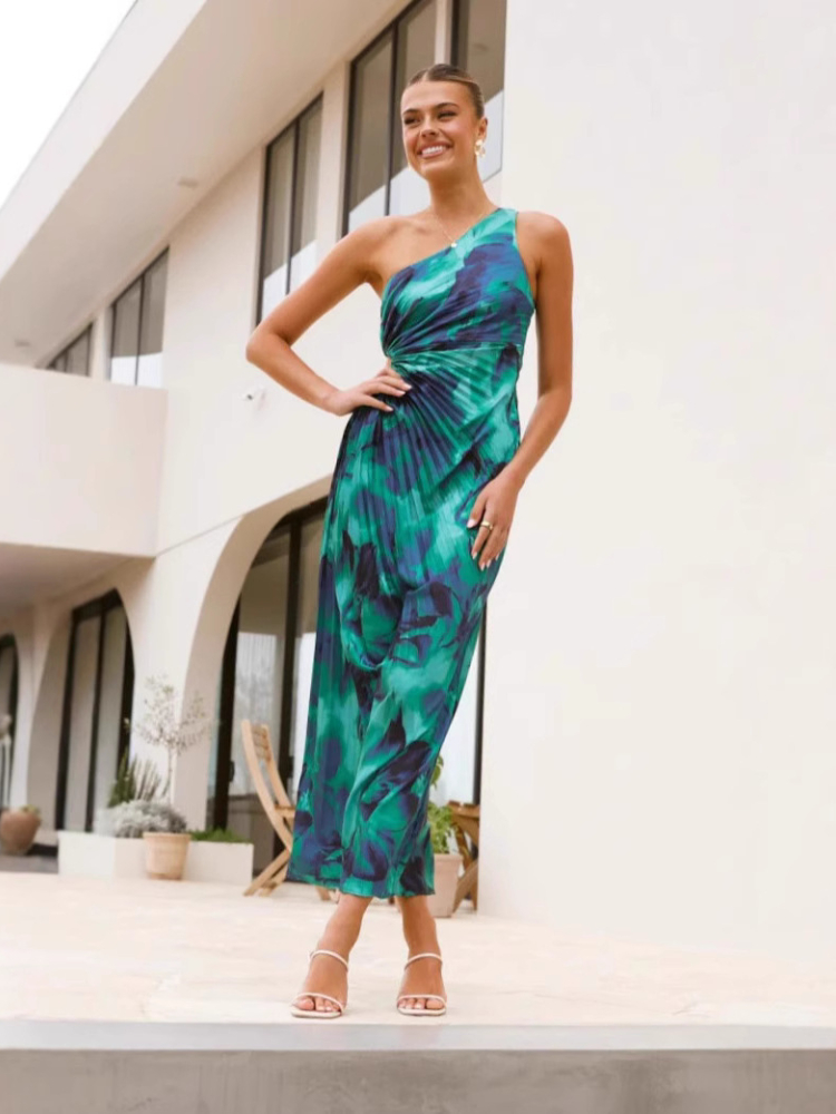 2025 de verano nueva mujer temperamento vestido plisado hombro inclinado sin mangas Sexy vestido estampado de vacaciones
