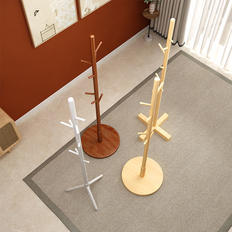 Solid wood coat rack, floor standing clothes hanger, household simple clothes drying and bag hanging rack
