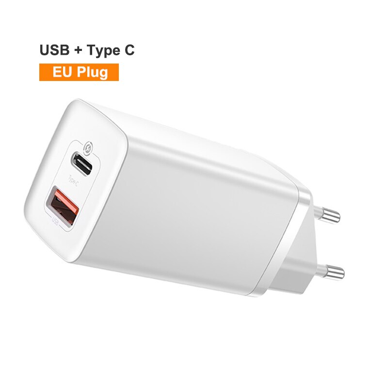 Baseus-cargador GaN de 65W, dispositivo de carga rápida 4,0, 3,0, doble puerto USB, para teléfono IP, para xiaomi, Samsung y portátil: USB Type C White