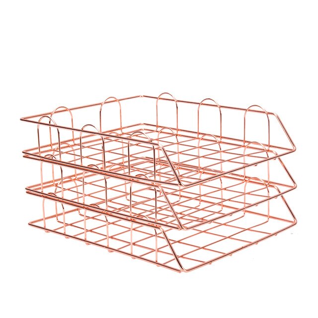 Ins Gold Metal File Tray Magazine Organizer Desk Set By Handmade Overlayable File Organizer Layering: 3 tray Rose Gold