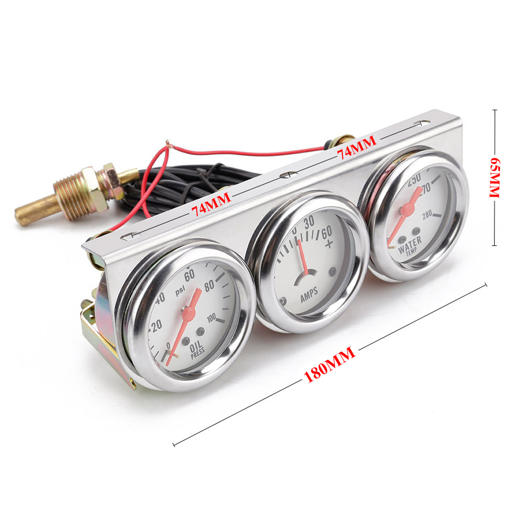 Car Chrome Panel Oil Pressure gauge Water Temp gauge Amp Meter Triple Gauge kit Set White Face Car meter