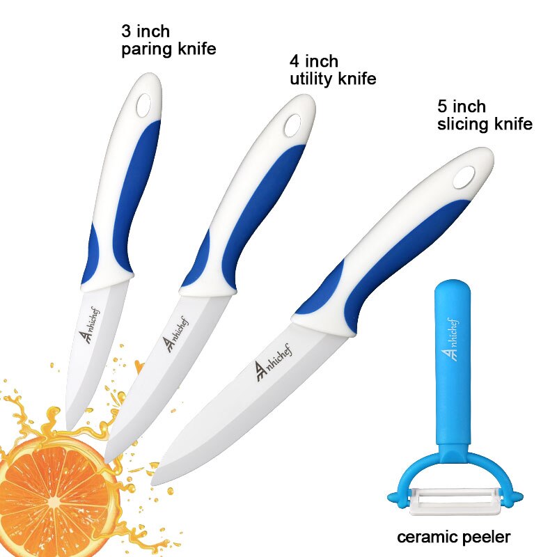 Kökskniv keramiska knivar 3 4 5 6 tum + skalare vitt blad skära frukt grönsakskock verktygskniv set matlagningsverktyg: 3 st blåvita set