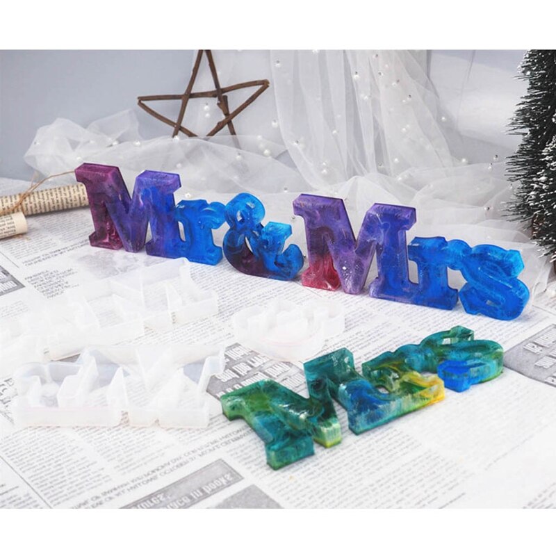 Kit de moldes de resina Mr & Letras Mrs con alfabeto hecho a mano en 3 uds. Moldes de resina epoxi Mr & Mrs