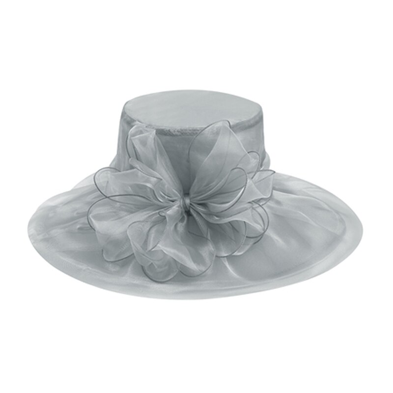 Sombreros de Organza de ala ancha para mujer, sombreros para la Iglesia, sombreros para el sol con flores grandes, plegables, color blanco y rosa, color púrpura: Gray