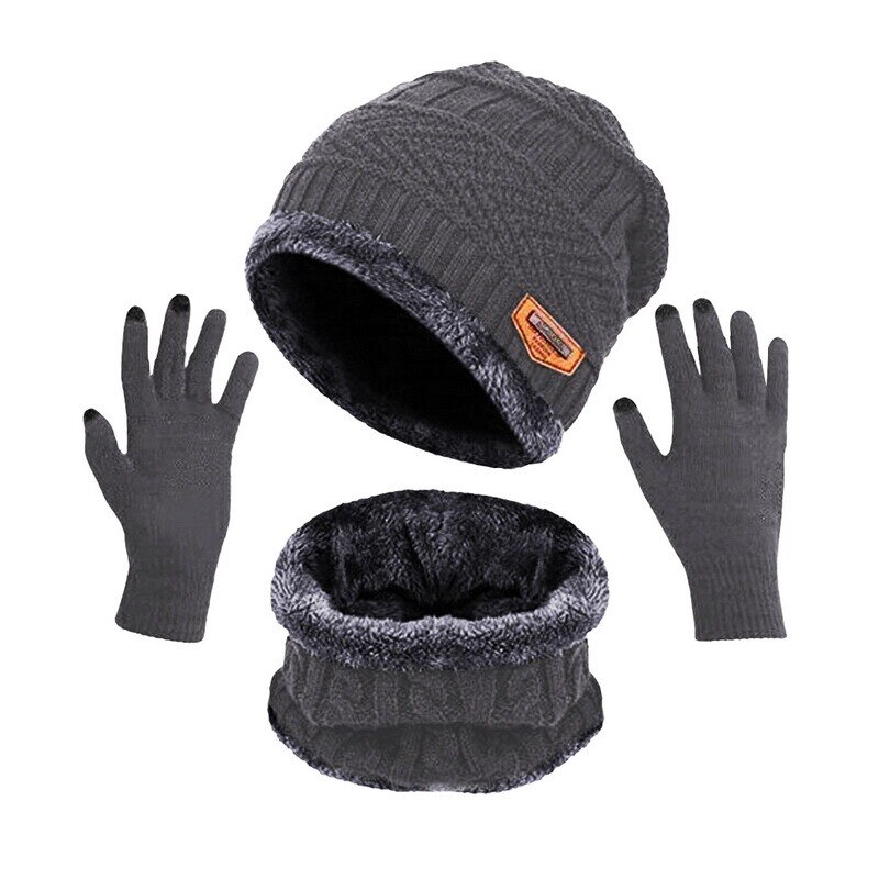 Conjunto de gorro y bufanda de punto para hombre, conjunto de 3 piezas de gorro y guantes de felpa cálida para deportes al aire libre, gorro de esquí, bufandas de anillo sólido, Invierno: gray