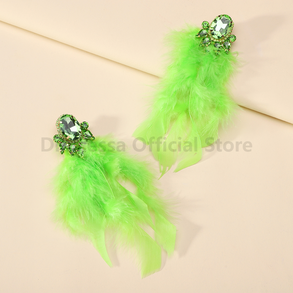 Pendientes largos con borlas de plumas para mujer, aretes elegantes y bonitos, de lujo, accesorios de joyería para y boda: Verde Libélula
