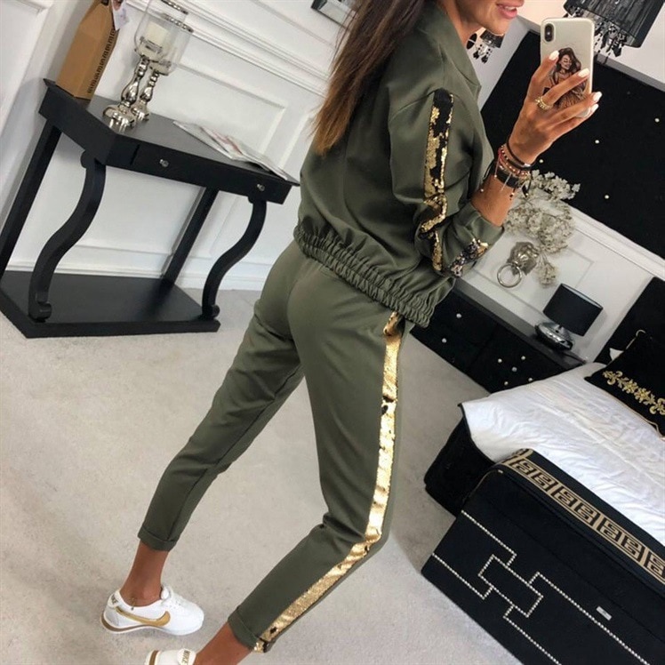 2 Pcs Sequined Patchwork Running Set Women Autumn Winter Sport Suit Sweat Pants Jogger Suits Sportswear Sport Suits