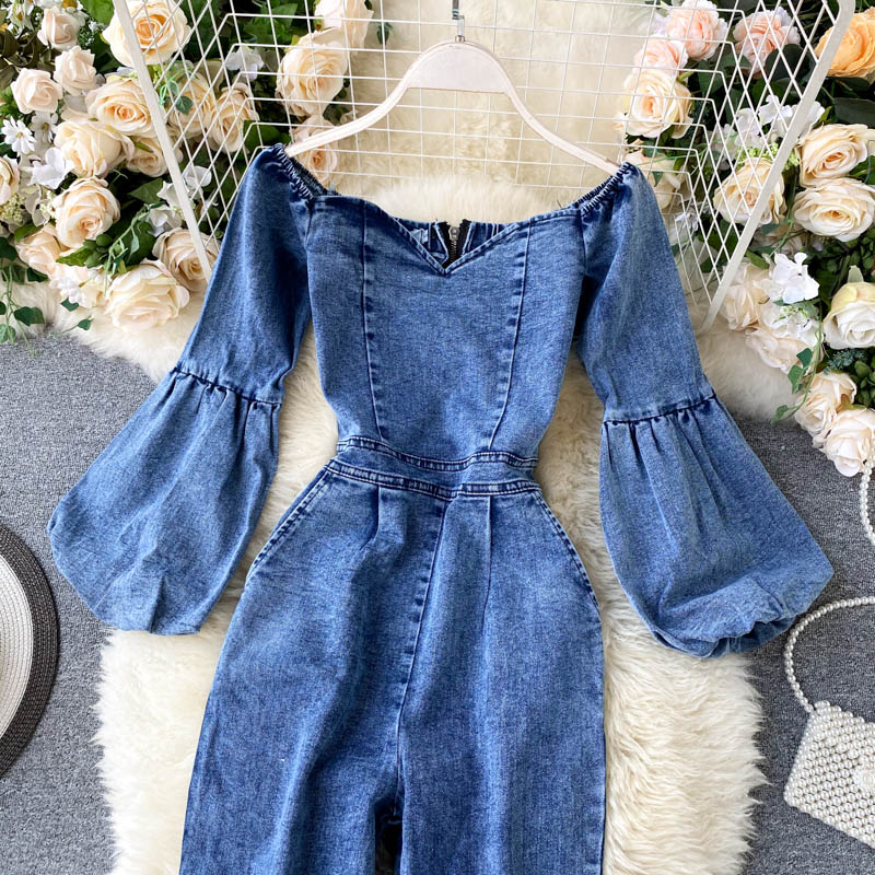 Gagarich kvinner denim jumpsuit sexy slash neck off-shoulder pufferm dame høst high street retro jeans bodysuit